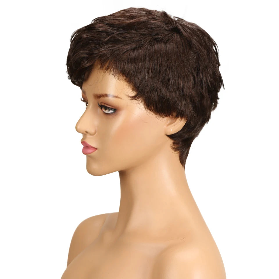 Brazilian Wear to go Natural Brown Short Pixie Cut Wavy Human Hair Wig