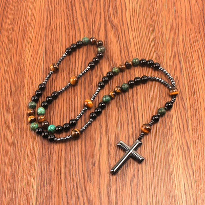 Natural Stone Africa Turquoise and Tiger-eye Beads Cross Pendant Rosary Necklace