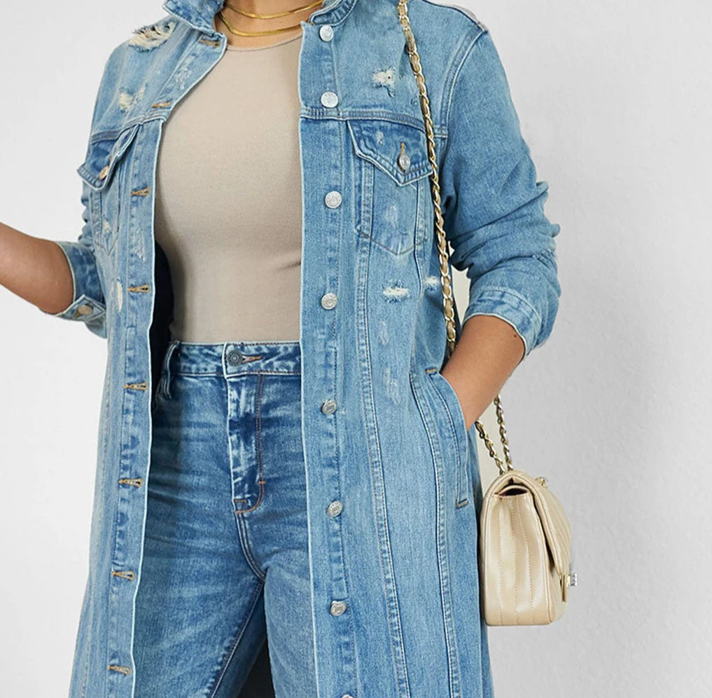 Denim Coat Jacket Solid Color Button Pockets Long Sleeve V Neck Casual