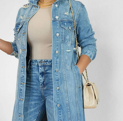 Denim Coat Jacket Solid Color Button Pockets Long Sleeve V Neck Casual