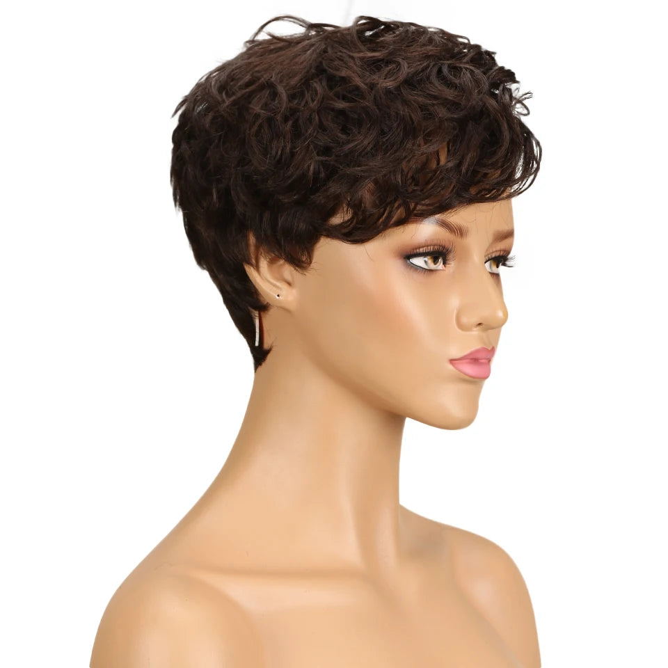 Brazilian Wear to go Natural Brown Short Pixie Cut Wavy Human Hair Wig