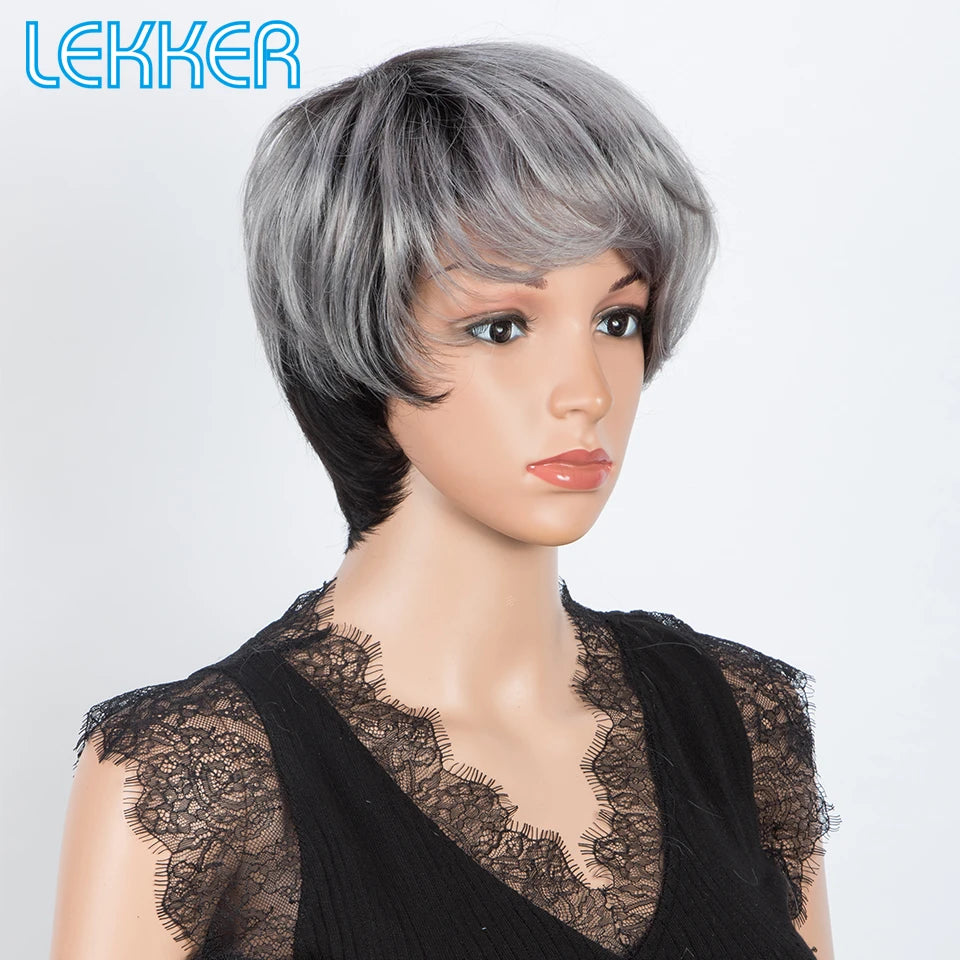 Brazilian Remy Glueless Sliver Grey Short Pixie Cut Straight Human Hair Wig