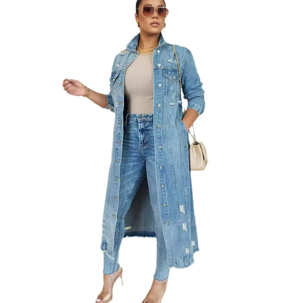 Denim Coat Jacket Solid Color Button Pockets Long Sleeve V Neck Casual