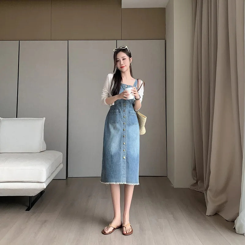 Women's Single Breasted Casual Denim Strap Dress