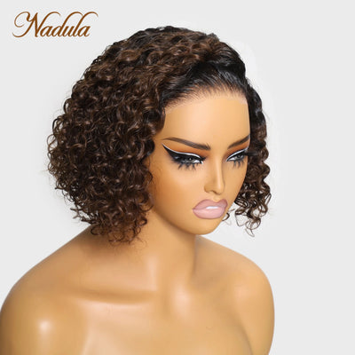 Nadula Hair 7x5 Bye-Bye Knots Lace Frontal Side Part Wig Chestnut Brown Ombre Short Curly Bob Wig --Put on and Go Wig