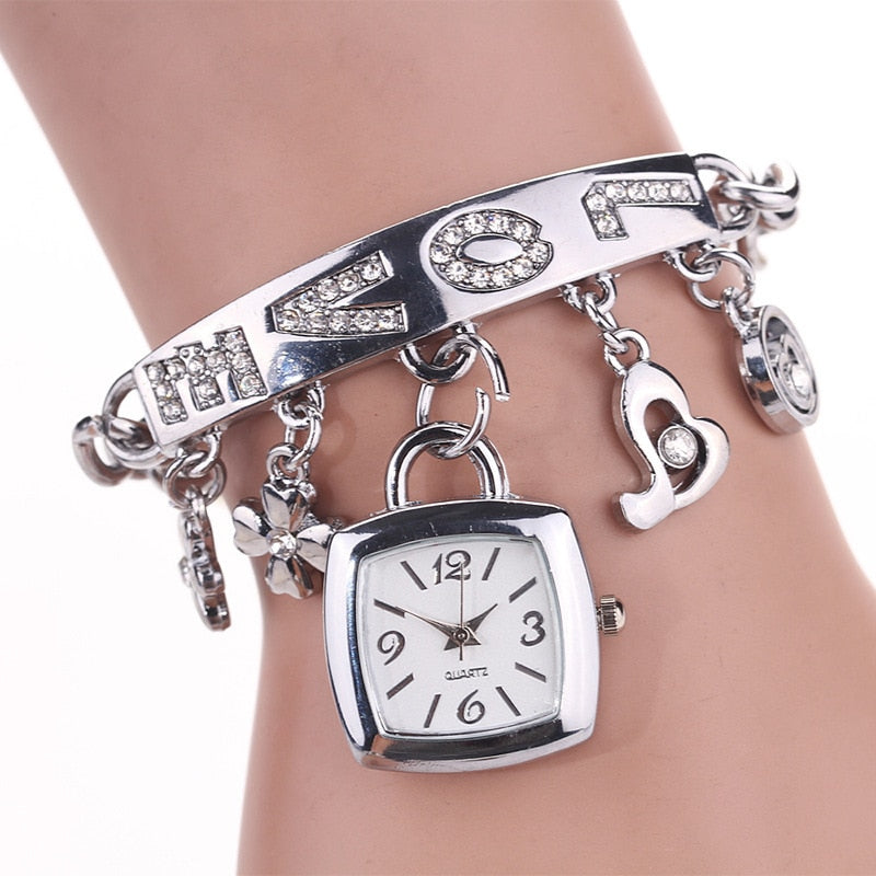 Women Rhinestone Flower Heart Love Style Stainless Steel Stylish Quartz Bracelet Watch