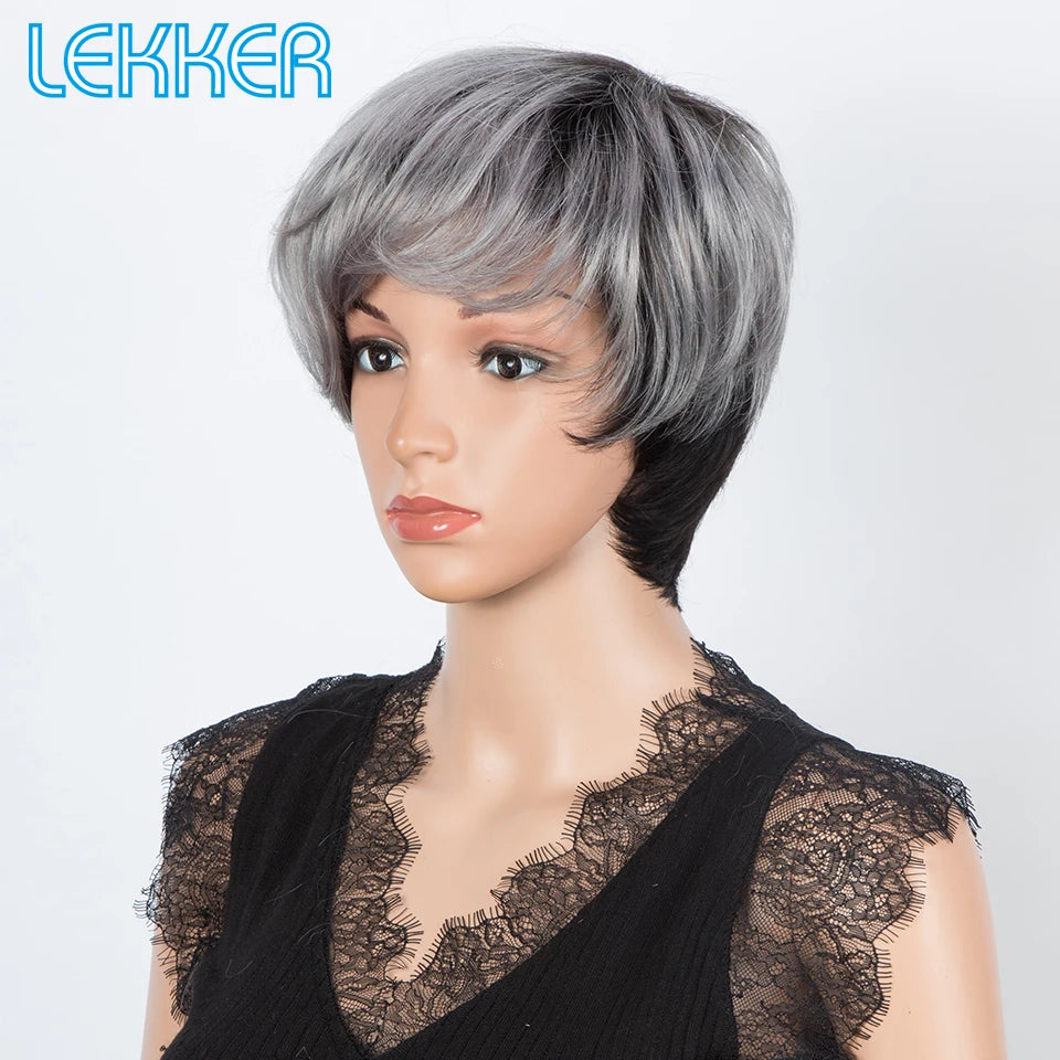 Brazilian Remy Glueless Sliver Grey Short Pixie Cut Straight Human Hair Wig