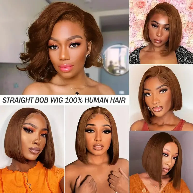 Chocolate Brown Straight Bob 13×4 Transparent Lace Front Human Hair Wig Pre Plucked Natural Hairline Top Quality