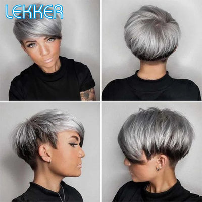 Brazilian Remy Glueless Sliver Grey Short Pixie Cut Straight Human Hair Wig