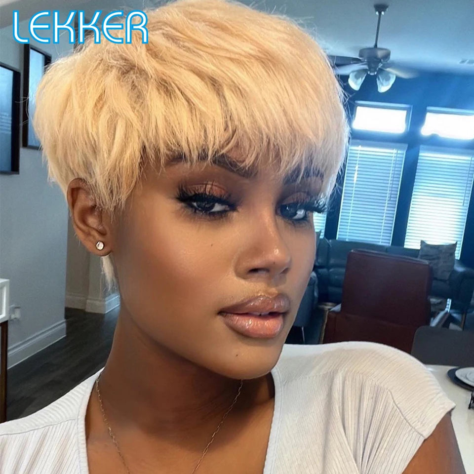 Remy Brazillian Colored Short Straight Bob Pixie Human Hair Wig With Bangs