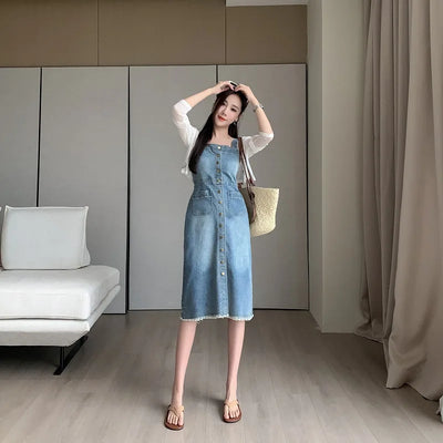 Women's Single Breasted Casual Denim Strap Dress