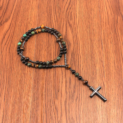 Natural Stone Africa Turquoise and Tiger-eye Beads Cross Pendant Rosary Necklace