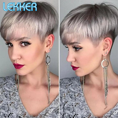 Brazilian Remy Glueless Sliver Grey Short Pixie Cut Straight Human Hair Wig