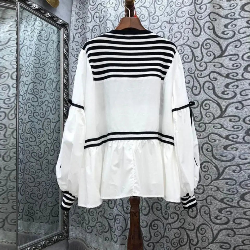 O-neck Pullover Printing Patchwork Striped T-Shirt