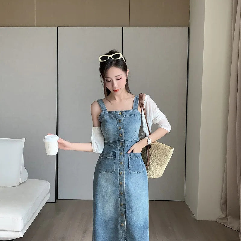 Women's Single Breasted Casual Denim Strap Dress