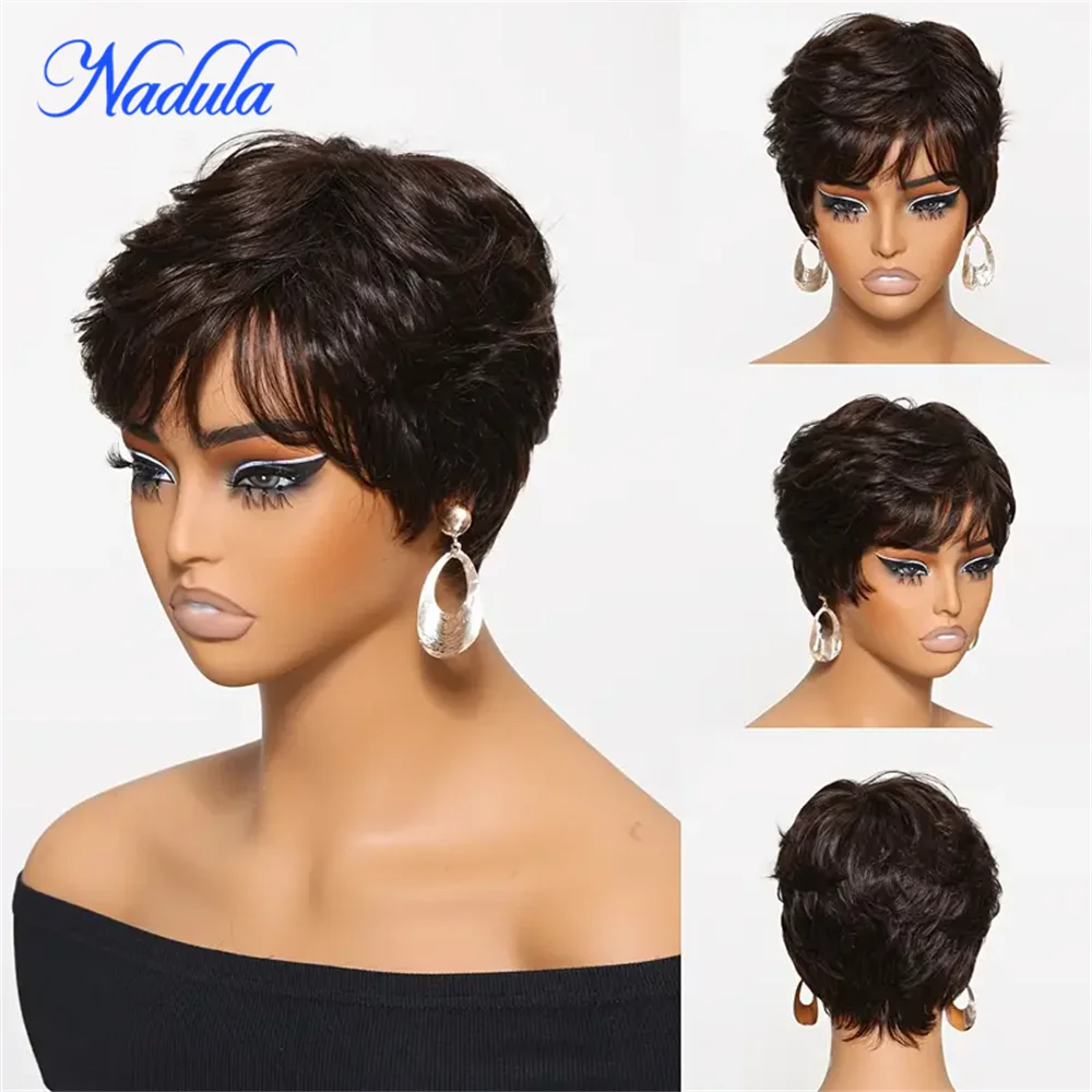 Brown Human Hair Glueless Pixie Cut Bob Wig Layered Short Wavy With Bangs