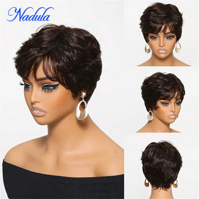 Brown Human Hair Glueless Pixie Cut Bob Wig Layered Short Wavy With Bangs