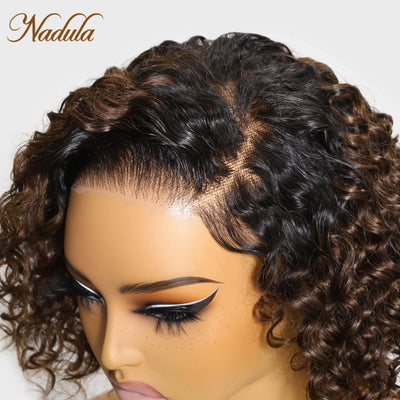 Nadula Hair 7x5 Bye-Bye Knots Lace Frontal Side Part Wig Chestnut Brown Ombre Short Curly Bob Wig --Put on and Go Wig