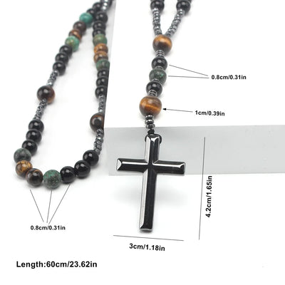 Natural Stone Africa Turquoise and Tiger-eye Beads Cross Pendant Rosary Necklace