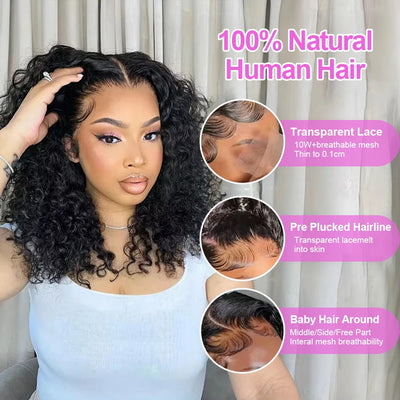 Glueless Human Hair Deep Wave 13x6 Lace Front Transparent Wigs 250 Density