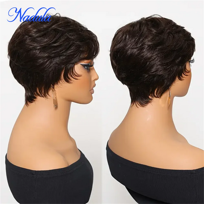Brown Human Hair Glueless Pixie Cut Bob Wig Layered Short Wavy With Bangs