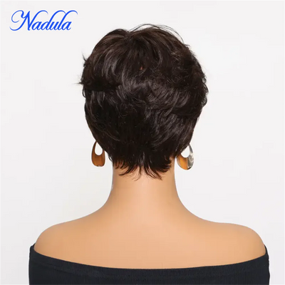 Brown Human Hair Glueless Pixie Cut Bob Wig Layered Short Wavy With Bangs