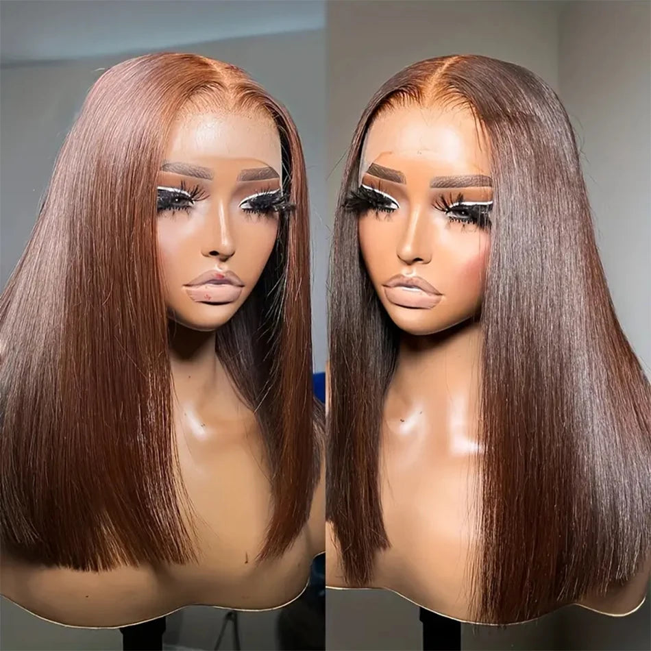 Chocolate Brown Straight Bob 13×4 Transparent Lace Front Human Hair Wig Pre Plucked Natural Hairline Top Quality