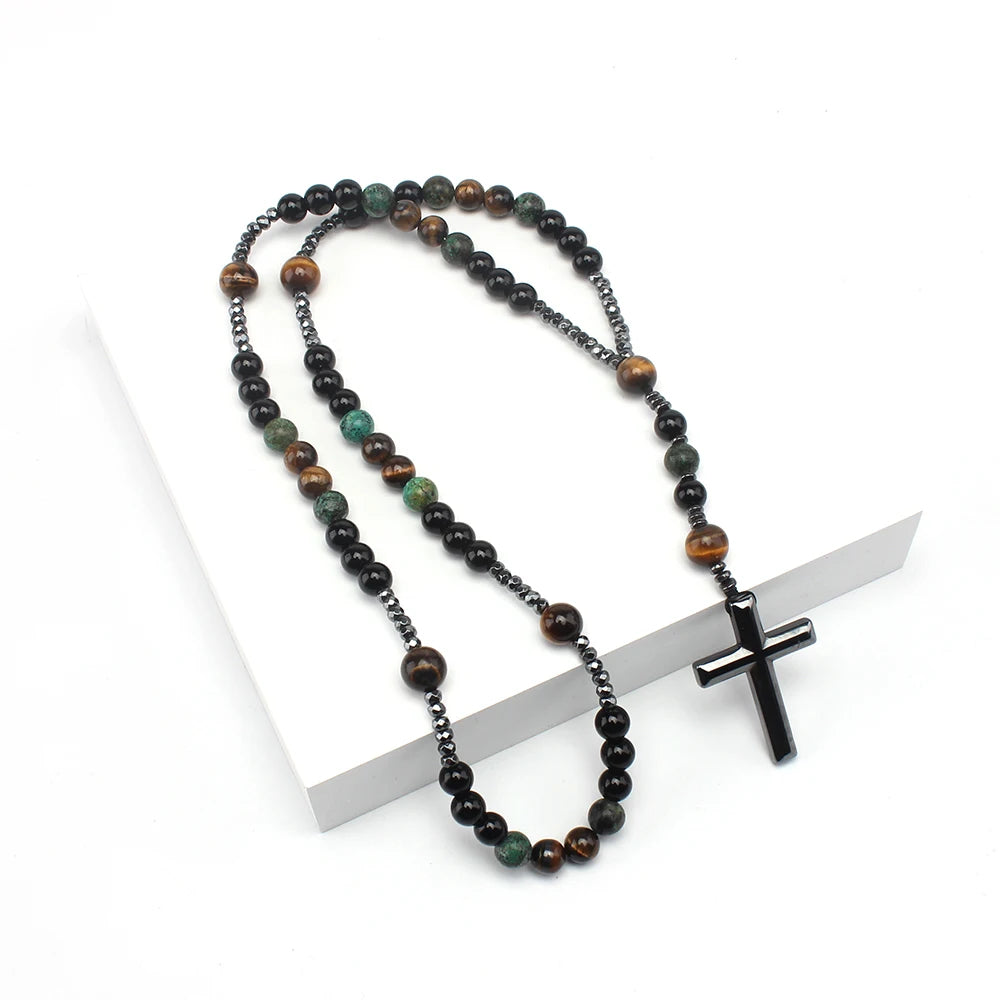 Natural Stone Africa Turquoise and Tiger-eye Beads Cross Pendant Rosary Necklace