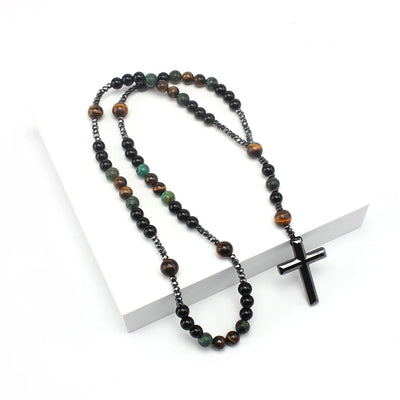 Natural Stone Africa Turquoise and Tiger-eye Beads Cross Pendant Rosary Necklace