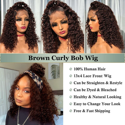 Malaysia 13x4 Brown Deep Curly Human Hair Lace Frontal Wig - Pre-Plucked