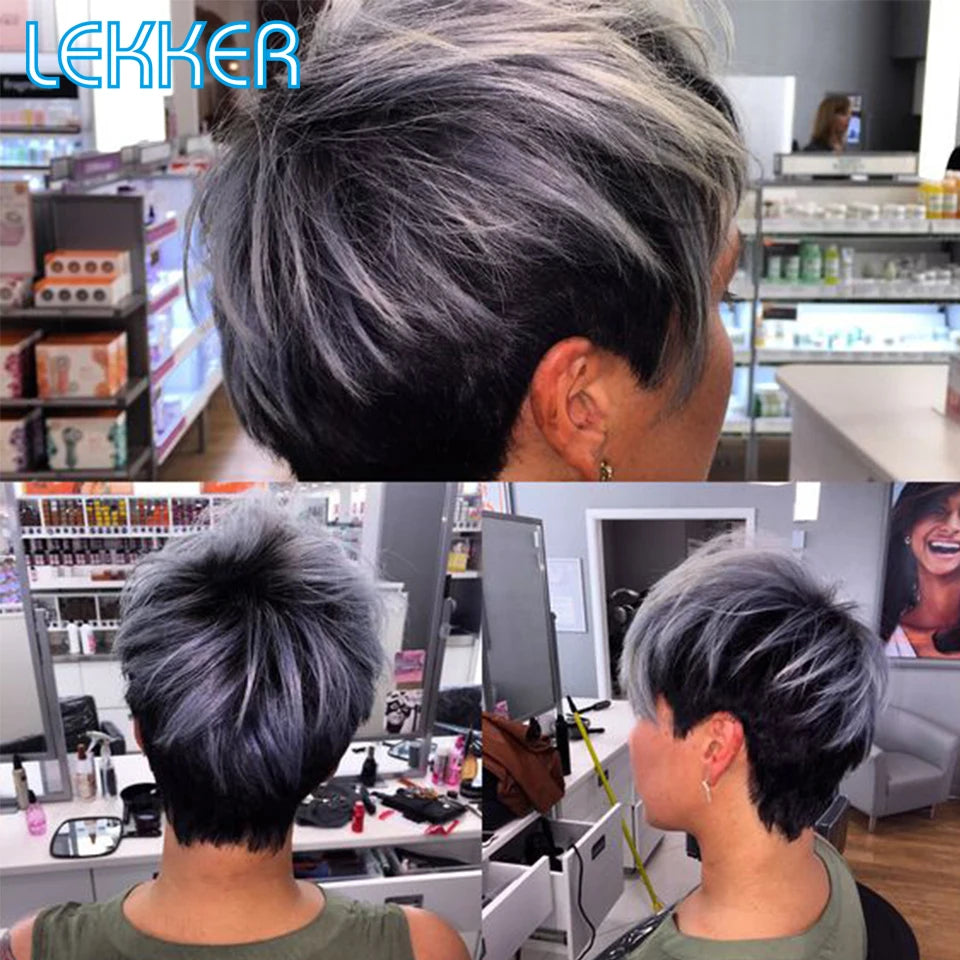 Brazilian Remy Glueless Sliver Grey Short Pixie Cut Straight Human Hair Wig