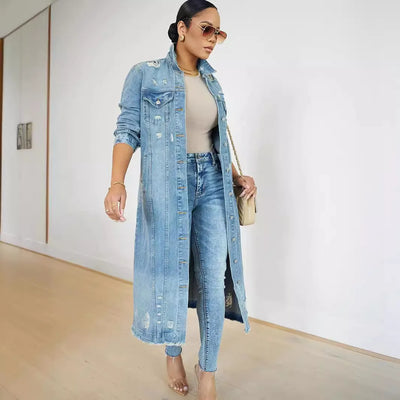 Denim Coat Jacket Solid Color Button Pockets Long Sleeve V Neck Casual