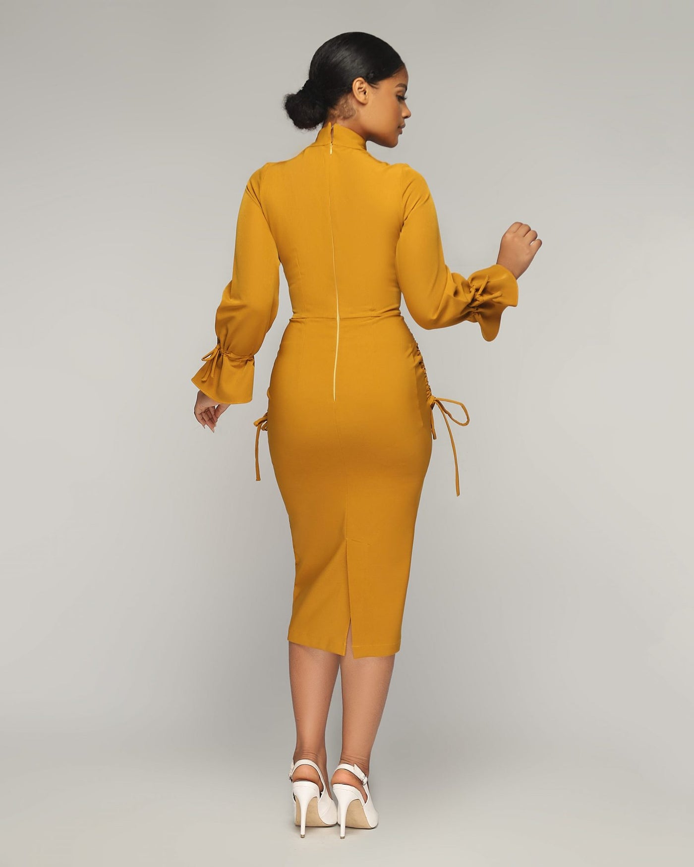 Women Autumn Elegant Slim Flared  V-Neck Drawsrting Zip Dress