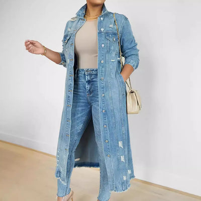 Denim Coat Jacket Solid Color Button Pockets Long Sleeve V Neck Casual