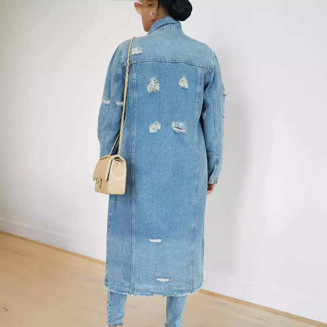 Denim Coat Jacket Solid Color Button Pockets Long Sleeve V Neck Casual