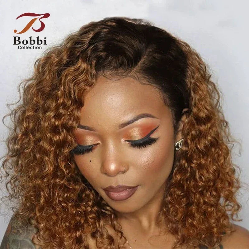 13x4 Jerry Curly Human Hair Ginger Brown Preplucked Transparent Lace Front Wig