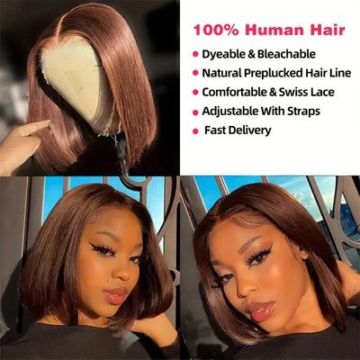 Chocolate Brown Straight Bob 13×4 Transparent Lace Front Human Hair Wig Pre Plucked Natural Hairline Top Quality