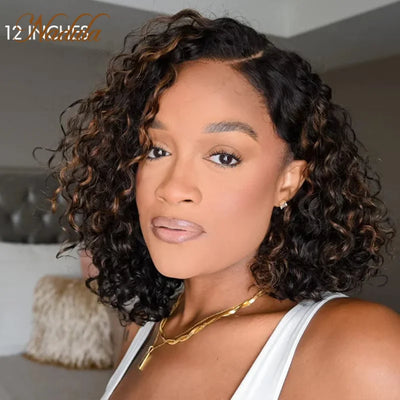 Nadula Hair 7x5 Bye-Bye Knots Lace Frontal Side Part Wig Chestnut Brown Ombre Short Curly Bob Wig --Put on and Go Wig