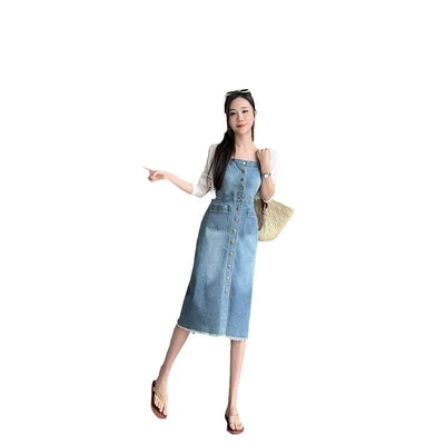 Women's Single Breasted Casual Denim Strap Dress