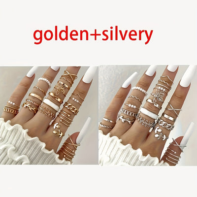 44pcs/set Of Simple And Elegant Style Stacked Rings, Leaf Flower Design Mixed with Daily Clothing, Golden And Silvery Jewelry
