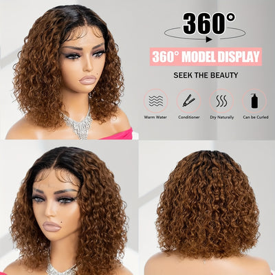 1B/33 Ombre Short Bob Wavy Human Hair Wig - 150% Density HD Invisible 13X4 Lace Frontal Pre Plucked - Bleached Knots