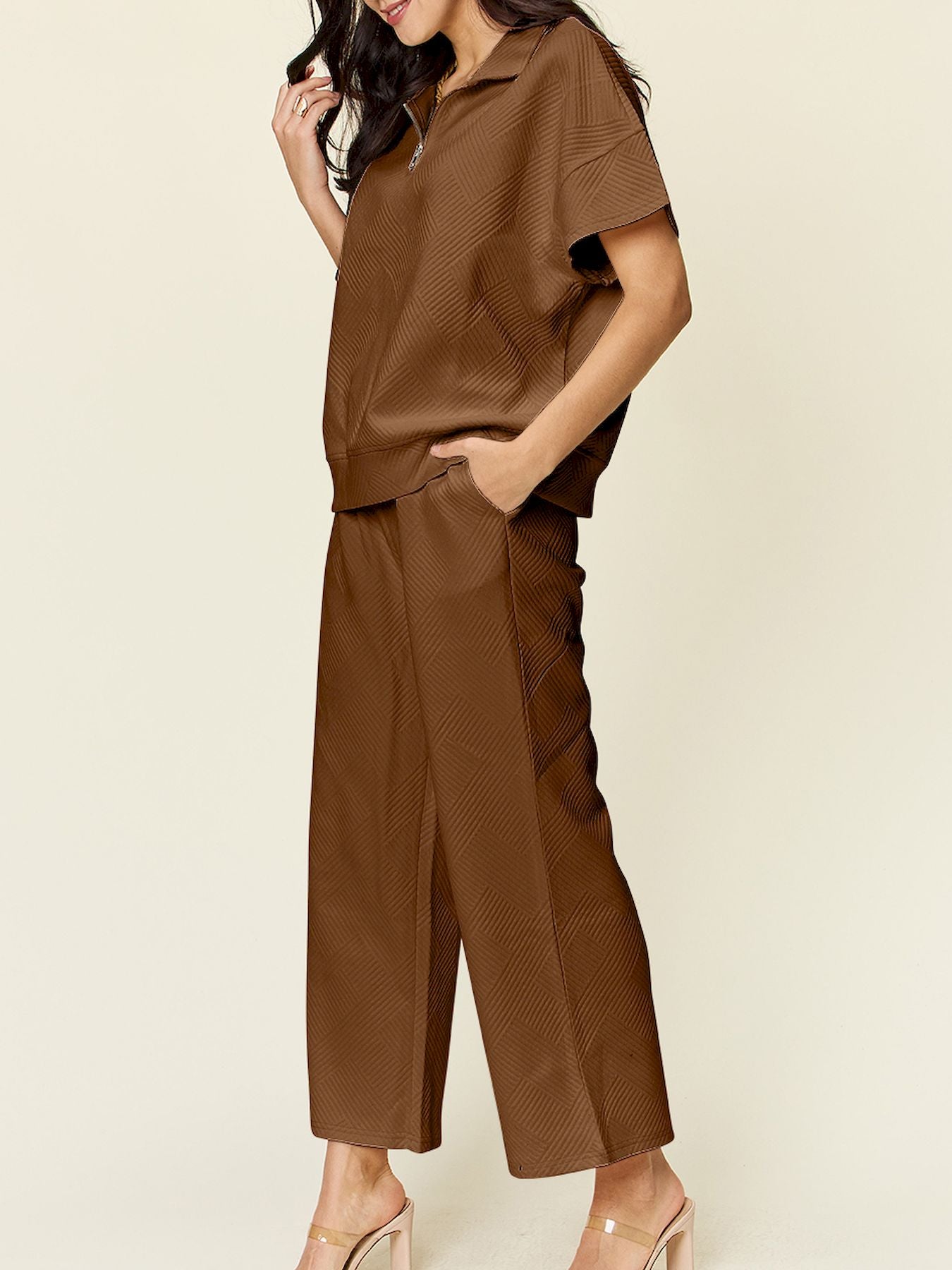 Full Size Texture Half Zip Short Sleeve Top and Pants Set