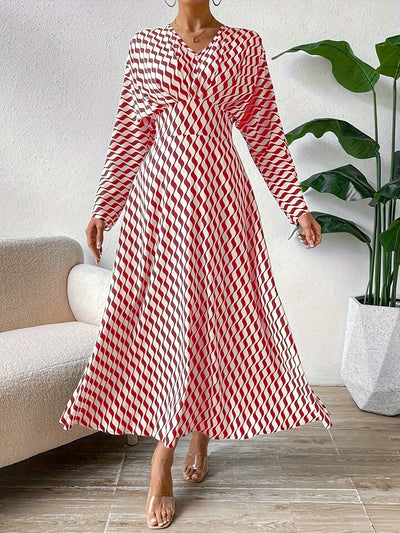 Striped Print High Waist Casual Long Sleeve Dress