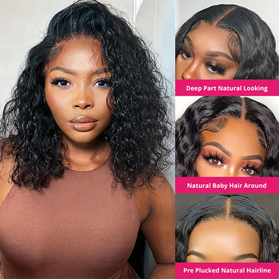 Brazillian Remy 150% Density Water Wave Short Bob Wig 13x4 Lace Frontal Wig Pre Plucked Natural Hairline