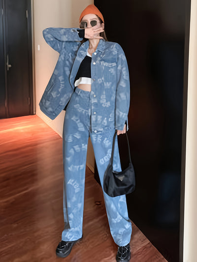 Women 2 Piece Single Breasted Long Sleeve Set Denim Suit