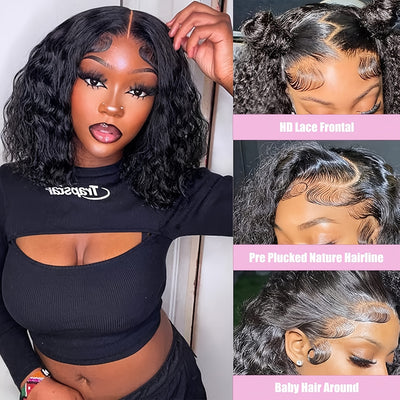 105% Density Curly Bob Human Hair Glueless 13x4 Lace Front Pre Plucked 150% Wig