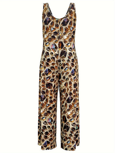 Plus Size Casual Print Sleeveless Jumpsuit with Pockets