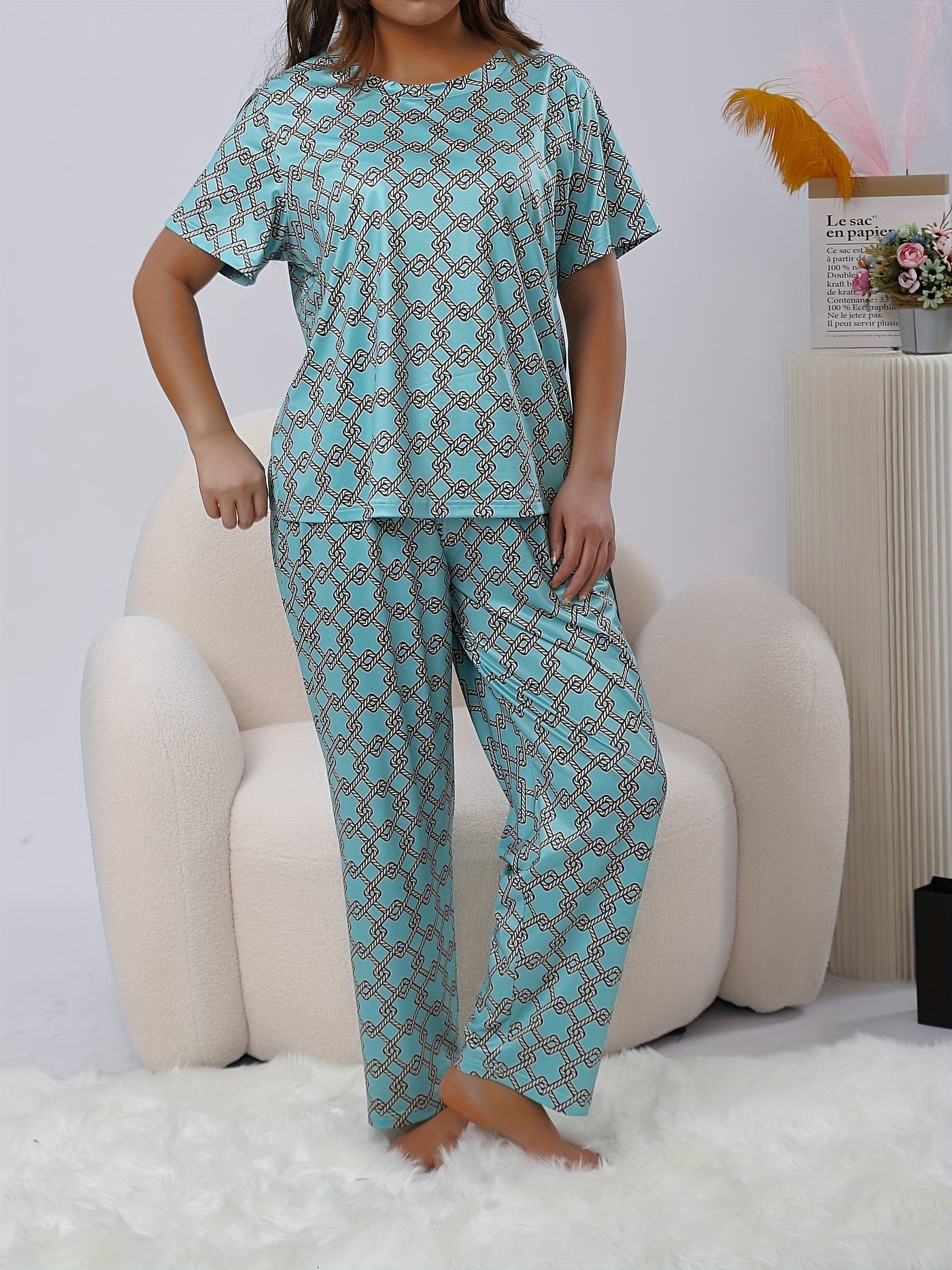 Plus Size Allover Print Casual Pants Suit