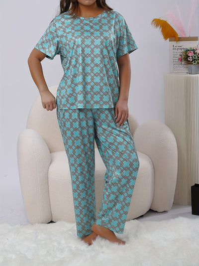 Plus Size Allover Print Casual Pants Suit