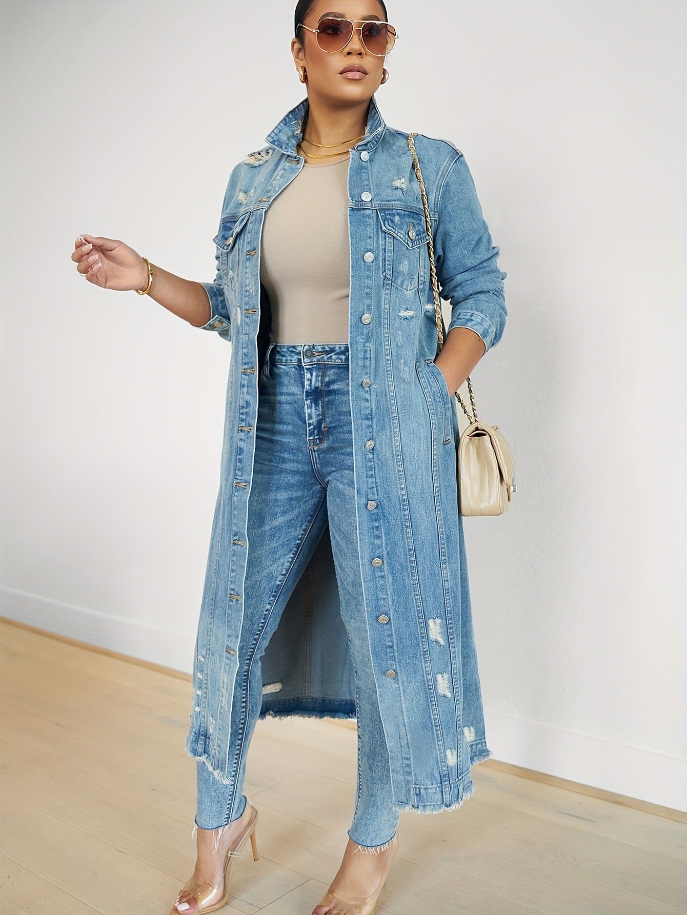 Ripped Raw Hem Distressed Plain Washed Blue Long Sleeve Maxi Denim Coat